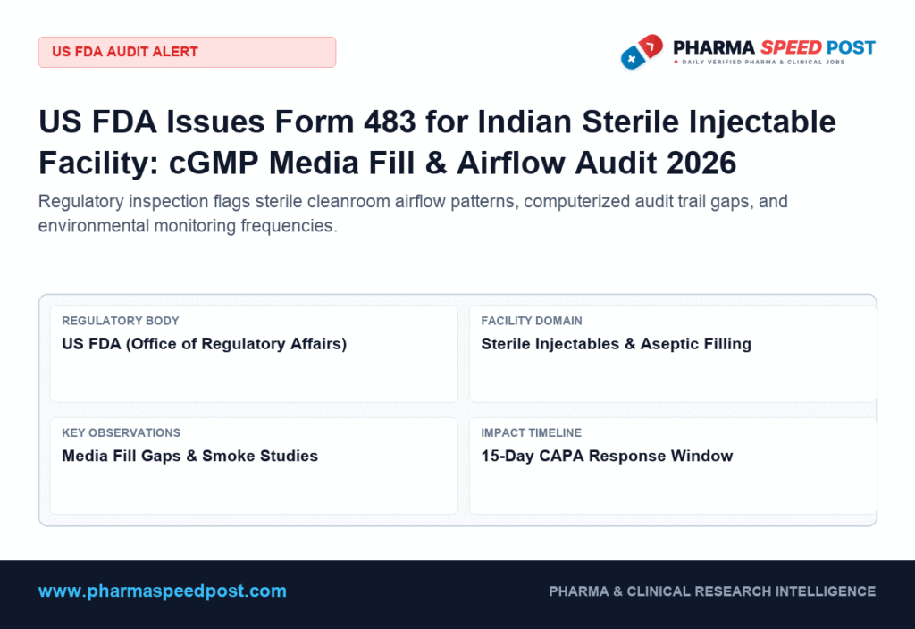 US FDA Form 483 for Indian Sterile Injectable Plant: Cleanroom Airflow, Media Fill Observations & CAPA 2026